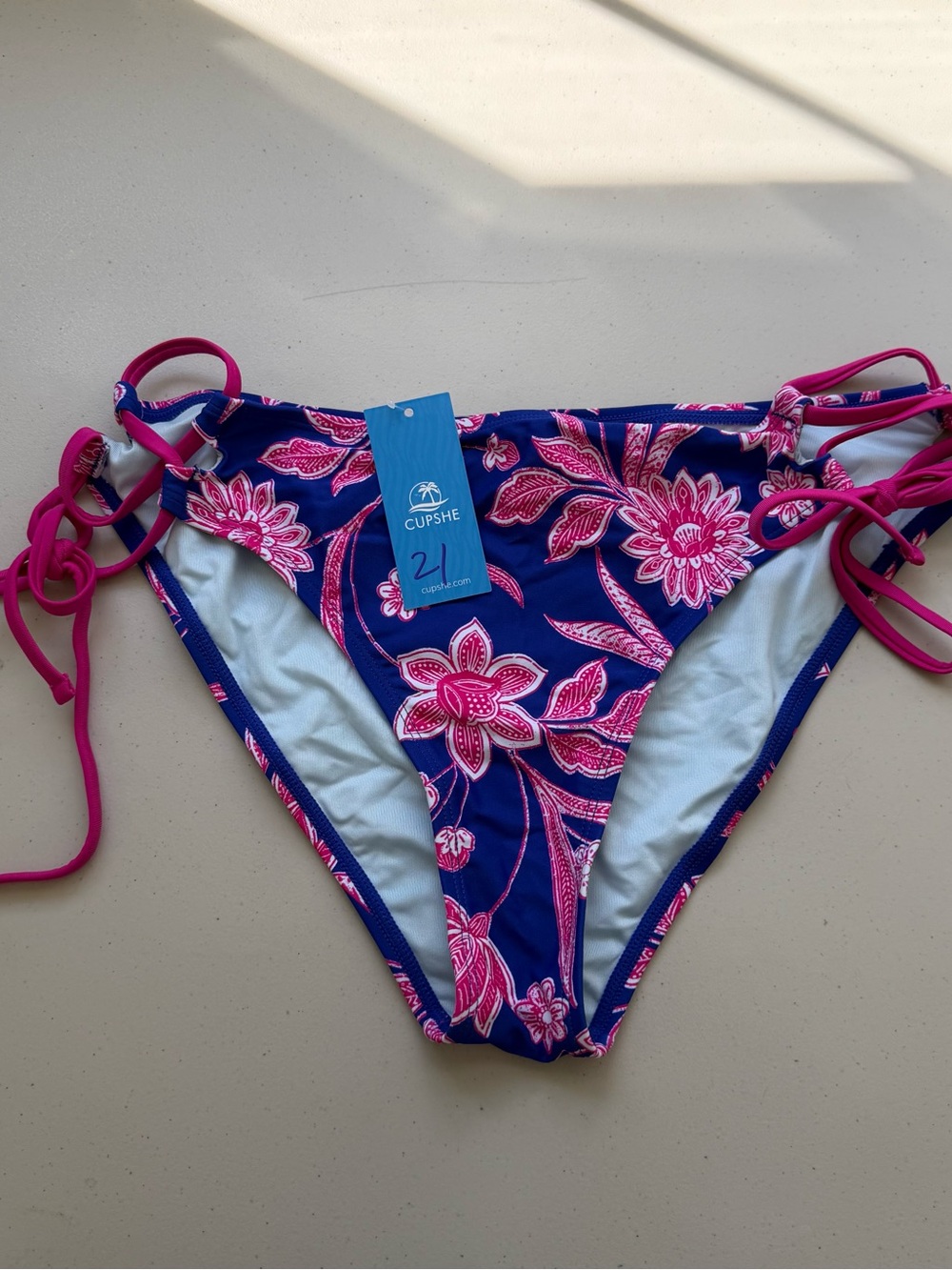Cupshe Women’s Bikini Bottom M Blue Pink Floral Side Tie Lined Stretch